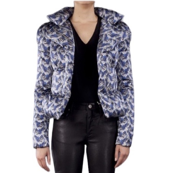 Thomas Wylde silk blue hummingbird print goose down puffer jacket size M - Picture 3 of 16